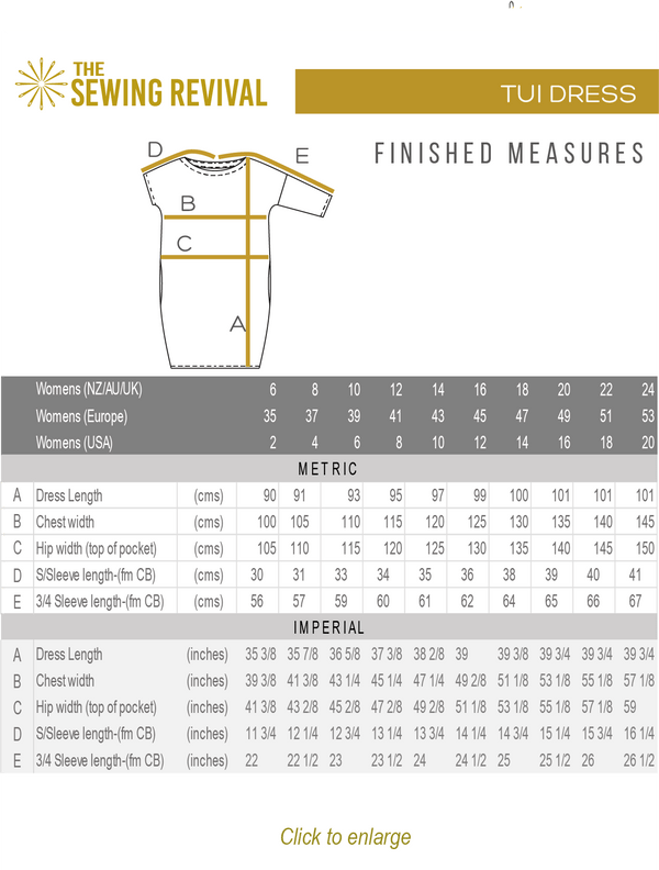 Tui dress sewing pattern Finished measures