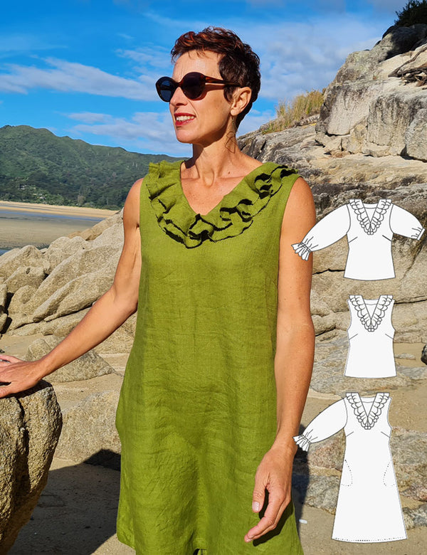 Flounce neck dress sewing pattern