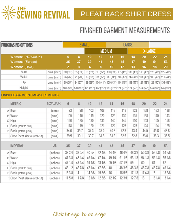 Pleat back shirt dress finished measures chart