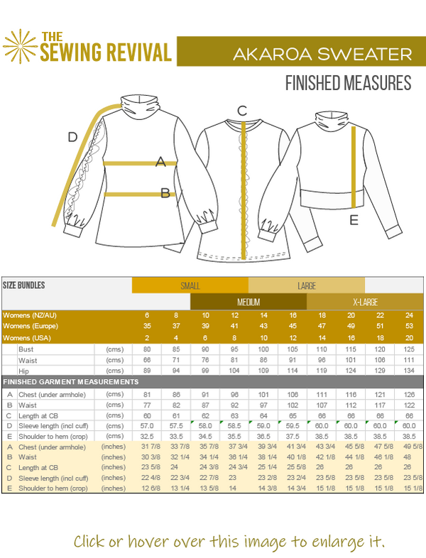Akaroa sweatshirt sewing pattern finished measures