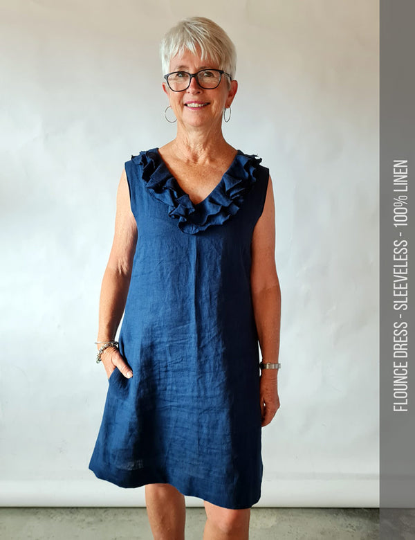 Flounce neck dress in linen sewing pattern