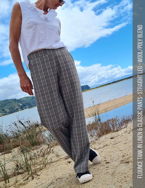 Straight leg pant sewing pattern in wool polyester blend