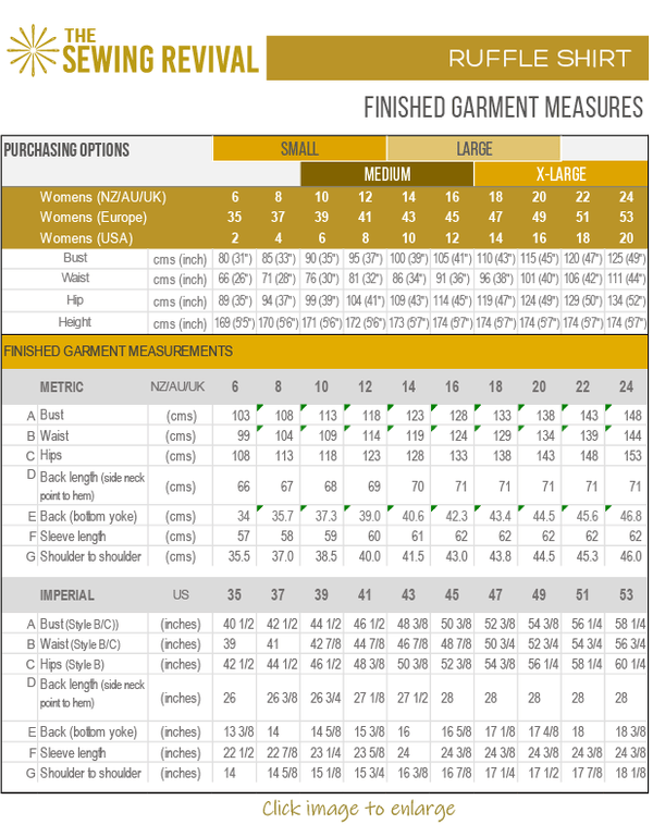 Ruffle Shirt Finished garment measurement chart