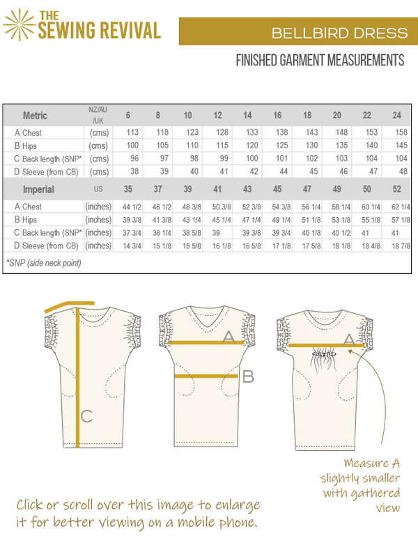 Bellbird dress pattern finished garment measurements