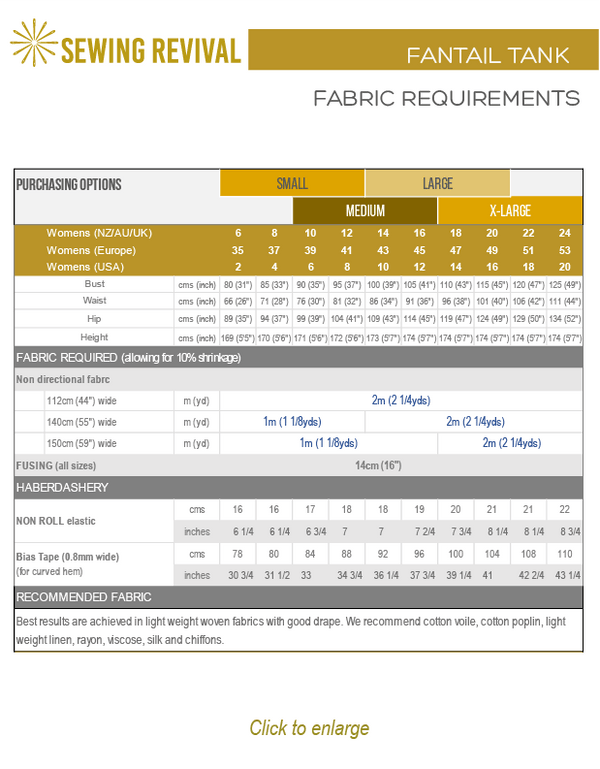 Fantail Tank sewing pattern fabric requirements chart