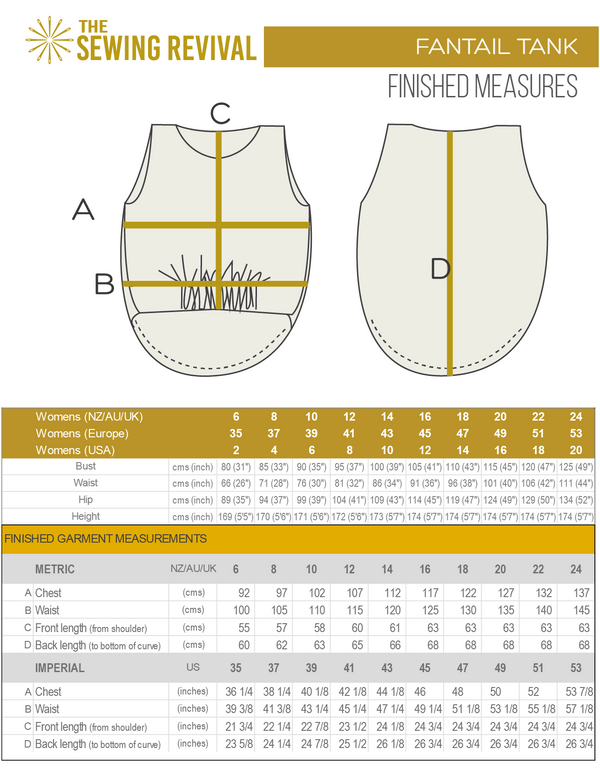 Fantail tank sewing pattern finished measures