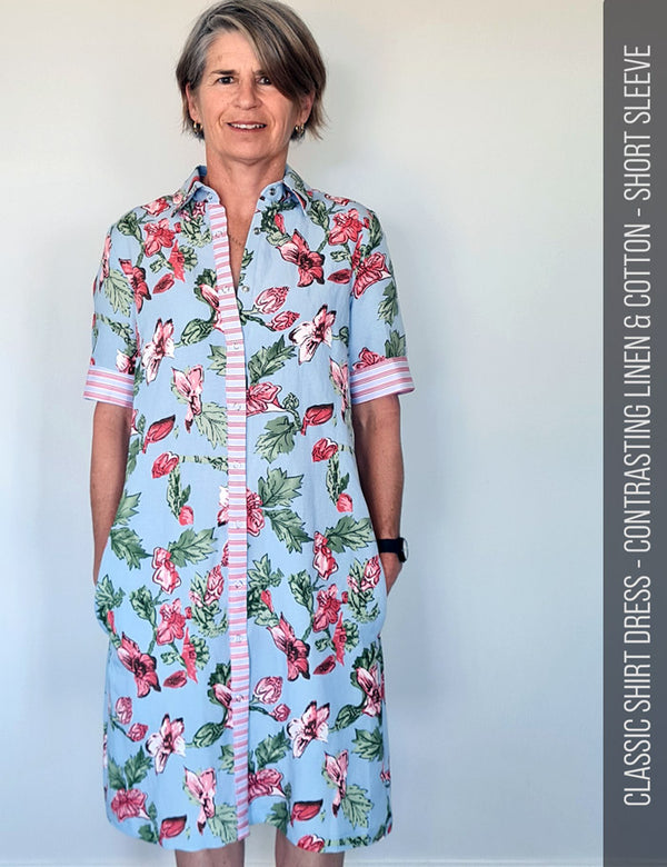 Modern shirt dress sewing pattern in linen
