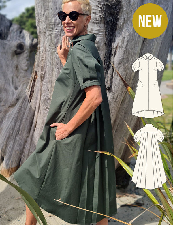 Pleat back shirt dress sewing pattern for women
