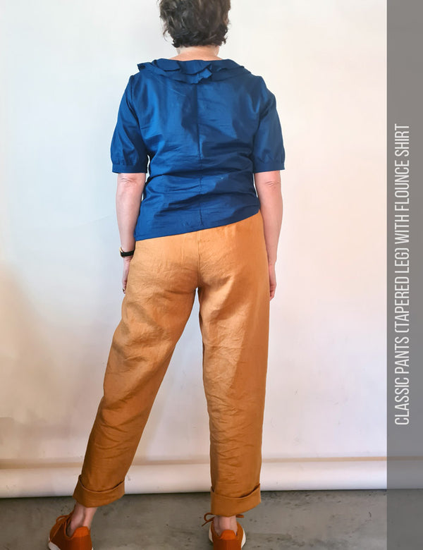 Classic pant and flounce top sewing patterns for women rear view