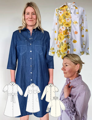 A collage of images showcasing a sewing pattern bundle for a classic shirt and shirt dress. It includes finished garments in different styles, outlines of the patterns, and a diagram showing different collar options.