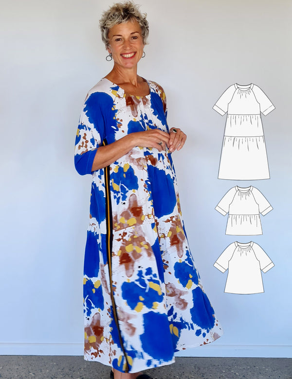 Gathered tiered dress sewing pattern for women