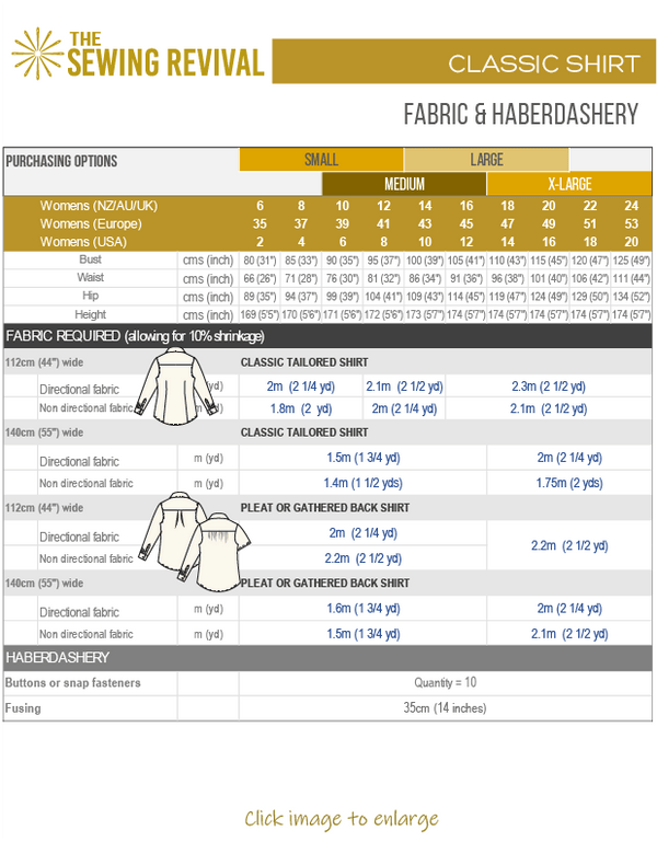 Classic shirt sewing pattern -Fabric chart