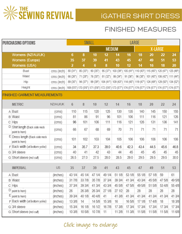 iGathered shirt dress finished measures chart