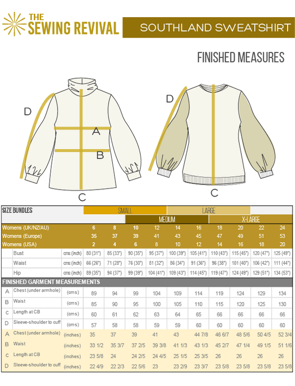 Southland sweatshirt sewing pattern finished measures