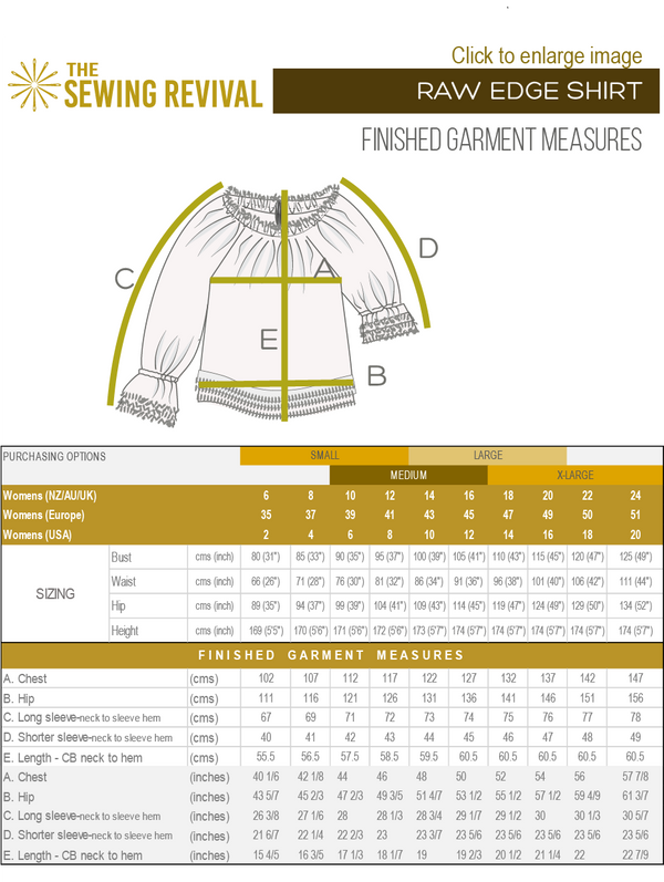 Raw edge shirt finished measurements