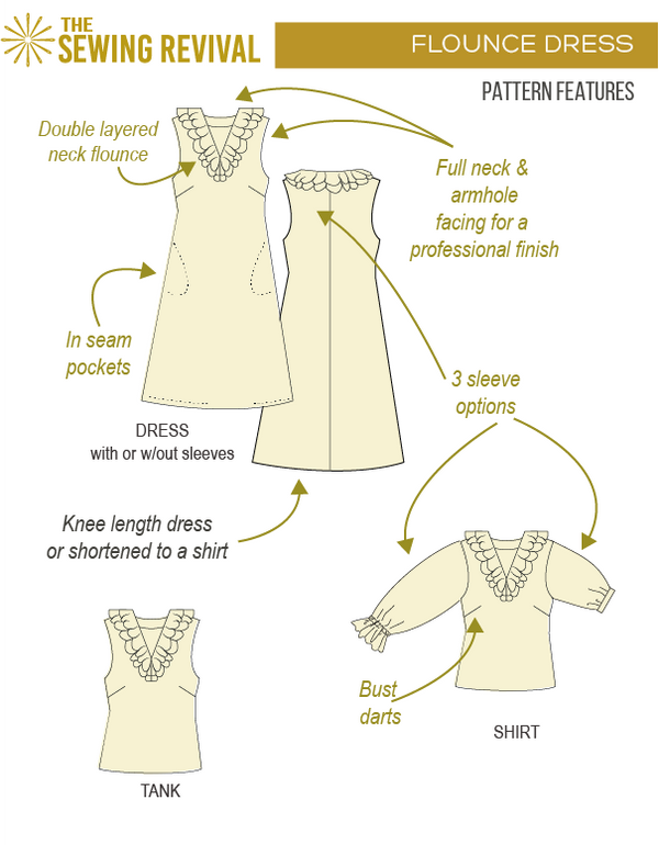 Flounce neck dress and top pattern features