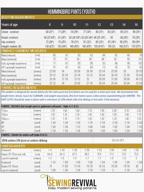 Youth track pant PDF sewing pattern measurement chart