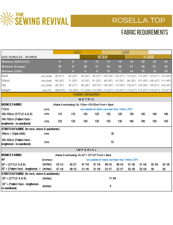 Rosella top measurement chart