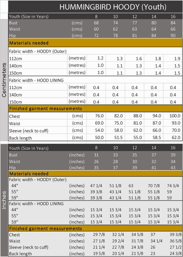 Hummingbird Hoody measurement chart