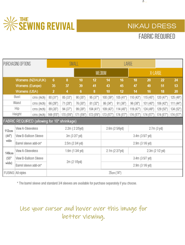 Nikau dress sewing pattern fabric chart