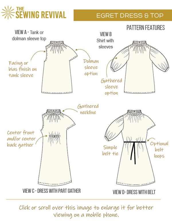 Egret top and dress sewing pattern features