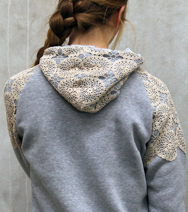 Hummingbird Hoody embellished with a lace doily