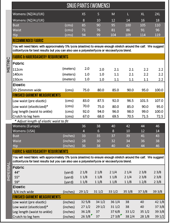 Size chart Snug Pants